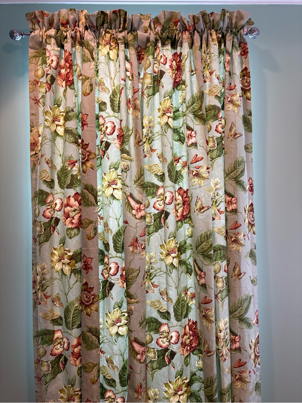 Four Waverly Floral Rod Pocket Curtain Panel in Cream, Green and Terracotta